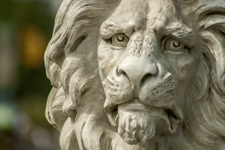 a close up of a statue of a lion, a marble sculpture, by Adam Szentpétery, flickr, symmetrical nose, ultra detailed”, by greg rutkowski, cute lion