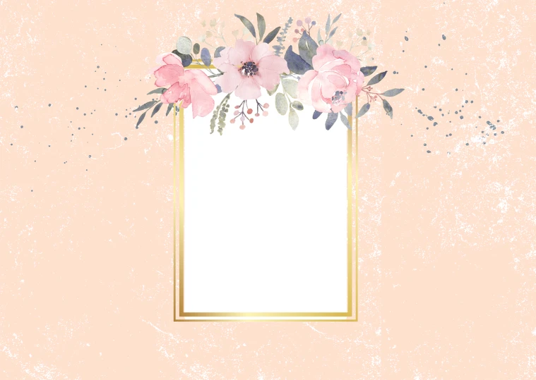 a gold frame with pink flowers on a pink background, shutterstock, card back template, pink and grey muted colors, with flowers and plants, on a pale background