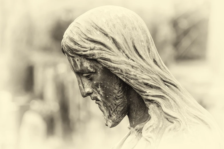 a black and white photo of a statue of a woman, a statue, shutterstock, romanticism, portrait of jesus christ, sepia photography, close - up profile, sorrowful