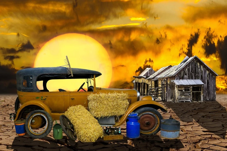 an old car that is sitting in the dirt, digital art, inspired by Terry Redlin, digital art, yellow sky, suns, stunning screensaver, old west town