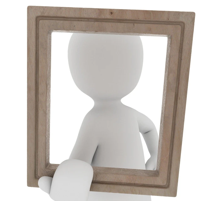 a person that is standing in front of a mirror, a picture, inspired by Grant Wood, pixabay contest winner, looking through a window frame, 3 d character render, isolated on white background, in a wooden box. top down photo