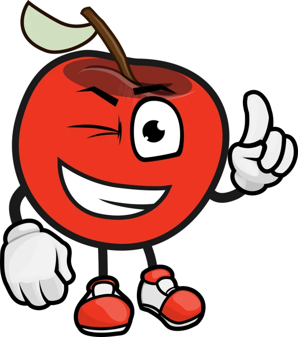 a cartoon apple giving a thumbs up, inspired by Heinz Anger, digital art, on black background, forest gump tomato body, fun smile, cherry