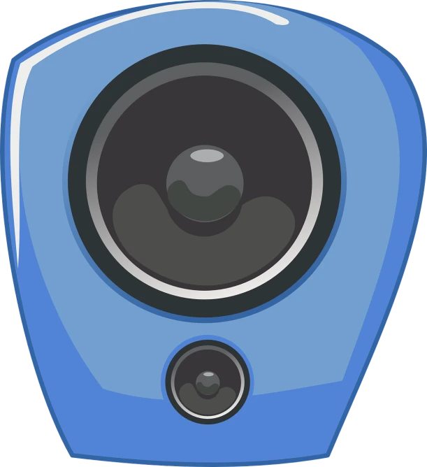 a blue speaker sitting on top of a table, an illustration of, conceptual art, close up camera angle, symmetrical face illustration, full color illustration, subwoofer