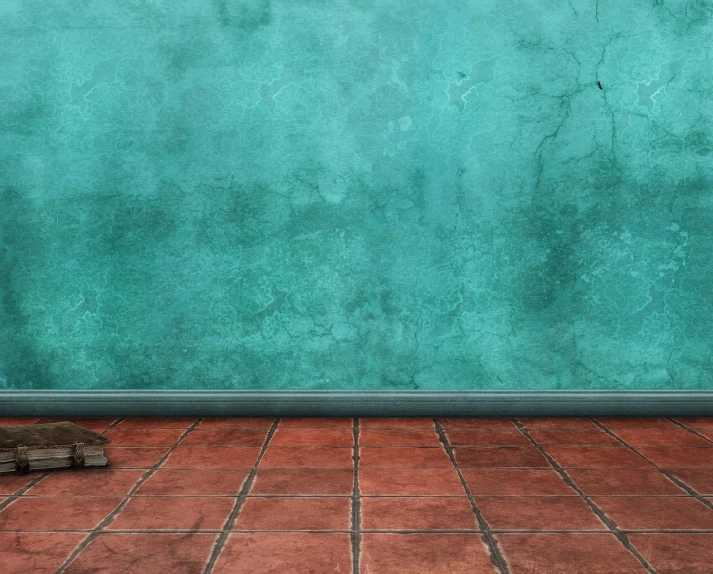 a pair of shoes sitting on a tiled floor, a digital rendering, by Elsa Bleda, shutterstock, graffiti, turquoise and venetian red, tiny room with dirty wall tiles, full view blank background, green wall