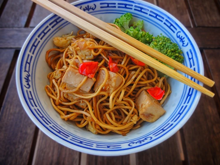 a bowl of noodles with chopsticks and broccoli, a portrait, inspired by Mi Fu, flickr, dau-al-set, pork, square, food commercial 4 k, stock photo