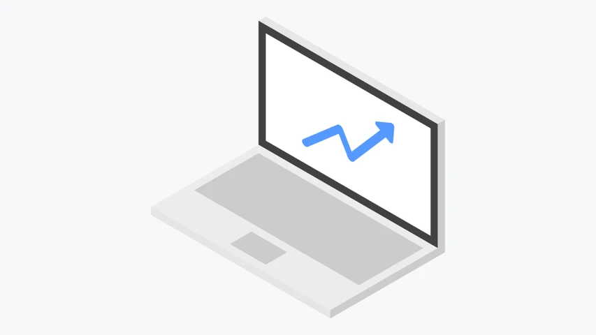 a laptop with a blue arrow on the screen, a computer rendering, isometric projection, upwards, trending on markets, logo without text