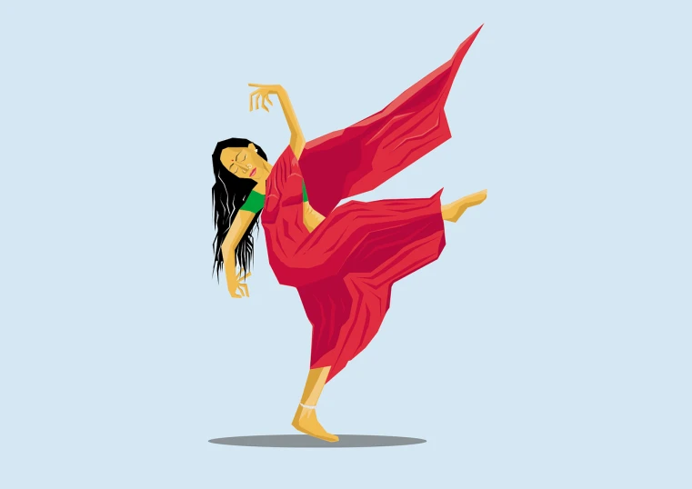 a woman in a red dress is dancing, an illustration of, arabesque, indian super model, big long cloth on the wind, standing on two legs, in an action pose