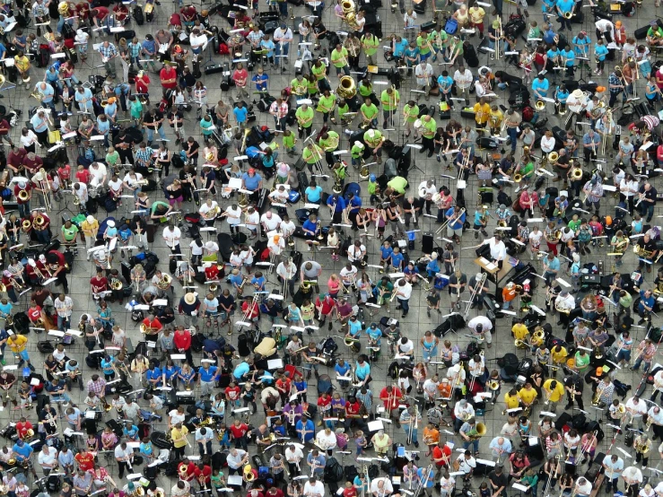 a large group of people standing next to each other, inspired by Andreas Gursky, band playing instruments, [ overhead view ]!, chicago, july 2 0 1 1