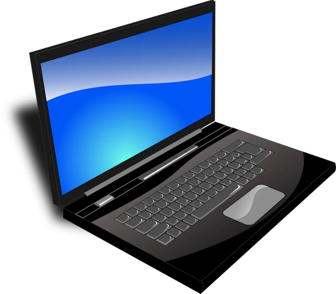 a black laptop computer with a blue screen, a computer rendering, by Kyle Lambert, pixabay, computer art, side view centered, sunken, shaded, onyx