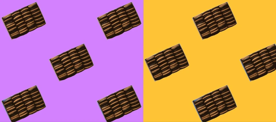 a couple of pieces of chocolate sitting on top of each other, a stock photo, inspired by Joris van der Haagen, pexels, pop art, split screen, pattern, lined up horizontally, cookies