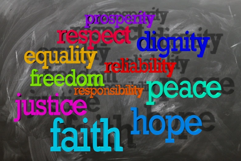 a blackboard with the words peace, hope, respect, dignity, equality, freedom, freedom, peace, justice, faith, a digital rendering, by Anna Findlay, trending on pixabay, unilalianism, half image, multi - coloured, sc-fi, ethos of ego