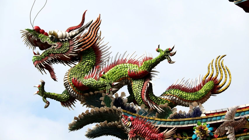 a dragon statue on top of a building, a digital rendering, by Li Kan, shutterstock, cloisonnism, large green dragon, floating chinese lampoons, exquisitely detailed, raqib shaw