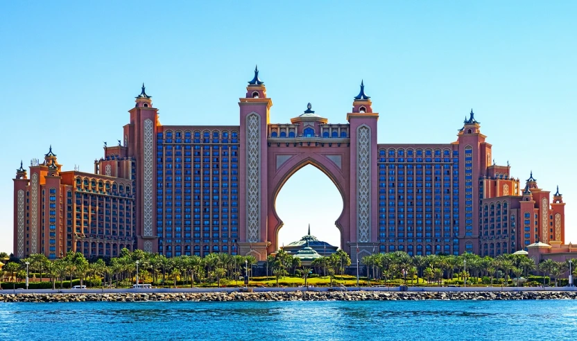 a large building in the middle of a body of water, pexels contest winner, atlantis in the background, arabian princess, huge gate, beautiful magical palm beach