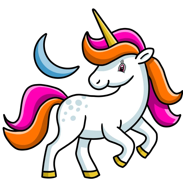 a white unicorn with a pink mane and a yellow horn, an illustration of, inspired by Lisa Frank, pixabay, white moon and black background, cartoon style illustration, mascot illustration, wonderful scene