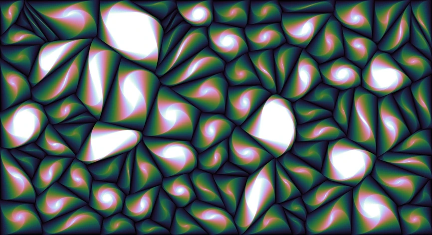 a computer generated image of green and white shapes, a raytraced image, tumblr, many small and colorful stones, psychedelic illustration, highly realistic bump map, multicolored vector art