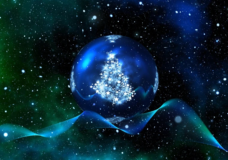 a blue christmas ornament sitting on top of a snow covered ground, space art, tree in a galaxy made of stars, high res, plasma globe, mana flowing around it