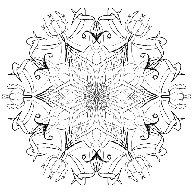 a man riding a snowboard down a snow covered slope, lineart, inspired by Andrei Kolkoutine, reddit, generative art, dark flower pattern wallpaper, mandala ornament, solid black #000000 background, zoomed out to show entire image