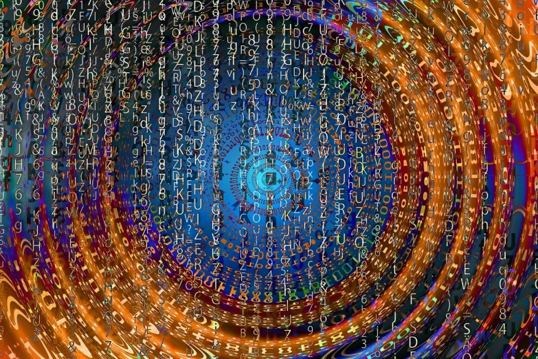 an image of a computer screen with numbers coming out of it, a digital rendering, by Jon Coffelt, computer art, magic circle, akashic, matrix text, vibrant digital art