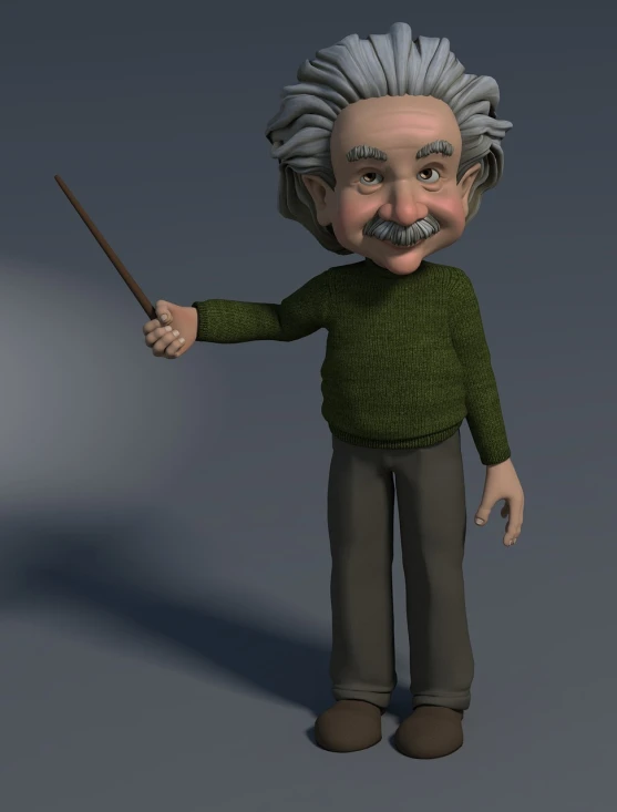 a cartoon character with a stick in his hand, by Artur Tarnowski, zbrush central contest winner, portrait of einstein, teacher, c 4 d ”, conductor