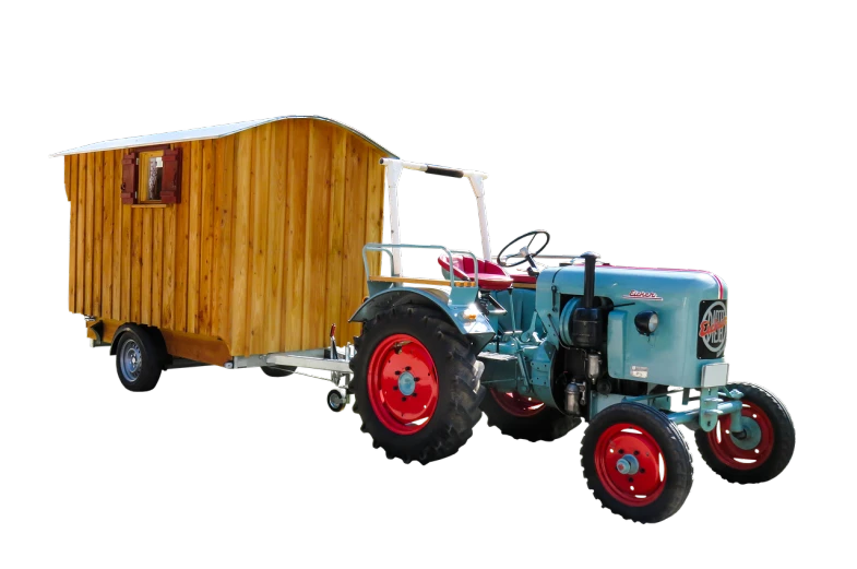 a tractor with a trailer attached to it, by Jan Rustem, pixabay, bauhaus, glamping, on black background, full body view, vintage - w 1 0 2 4