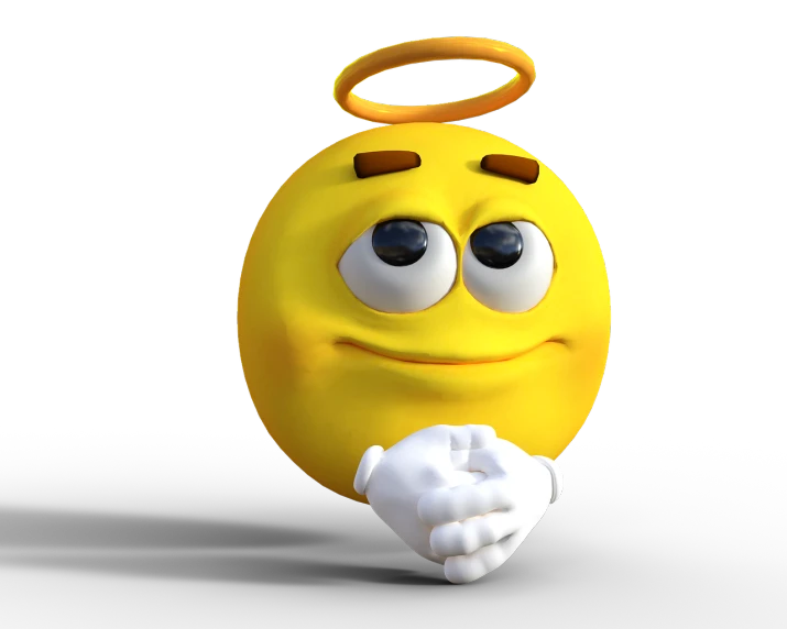 a yellow smiley face with a halo on its head, by Heinz Anger, praying, biblical accurate angel, 3d animated, with a hurt expression