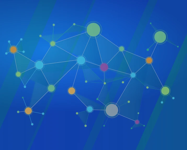 a group of connected dots on a blue background, wallpaper mobile, webs, timeline nexus, colorful picture