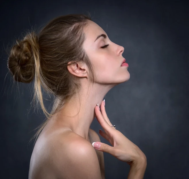 a woman with her hands on her face, by Eugeniusz Zak, shutterstock, bust with a long beautiful neck, full body profile pose, square facial structure, photography portrait 4 k