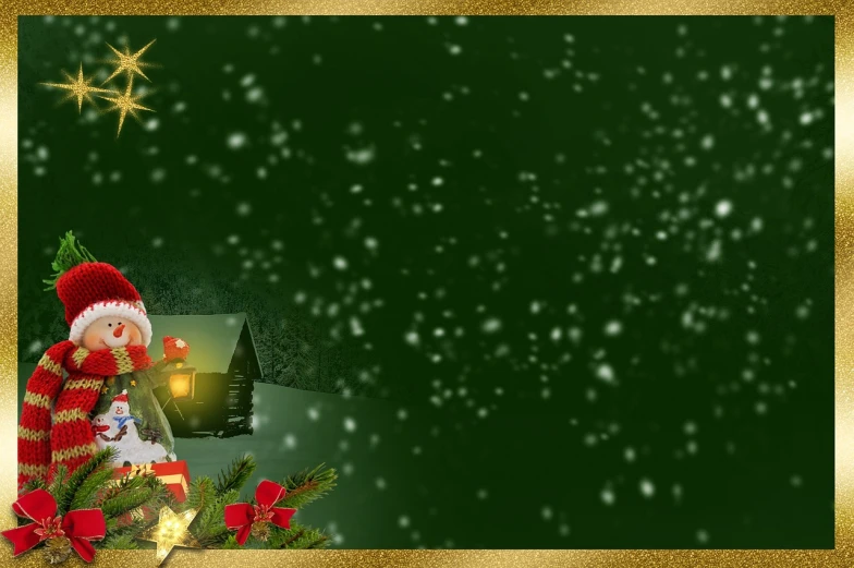 a christmas card with a snowman holding a lantern, a picture, digital art, header, gold and green, online, trees and stars background