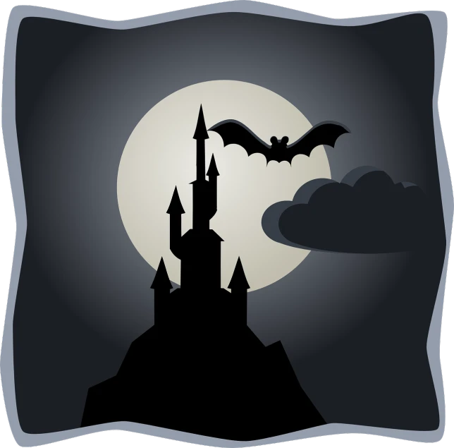 a castle with a bat in front of a full moon, a cartoon, inspired by Charles Addams, pixabay, gothic art, clean cel shaded vector art, basic photo, with jagged rocks and eerie, silhouette