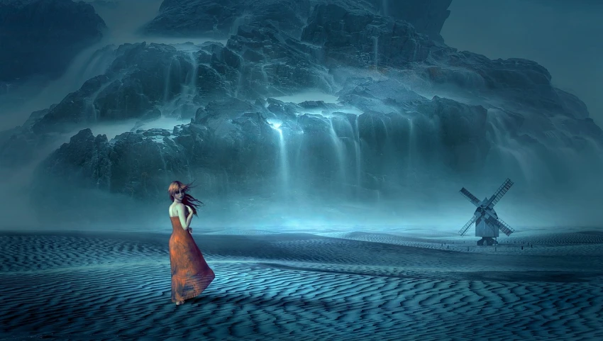 a woman in a long dress standing in front of a waterfall, digital art, by John Alexander, pixabay contest winner, digital art, standing on a martian landscape, woman on the beach, pensive lonely, in an icy cavern