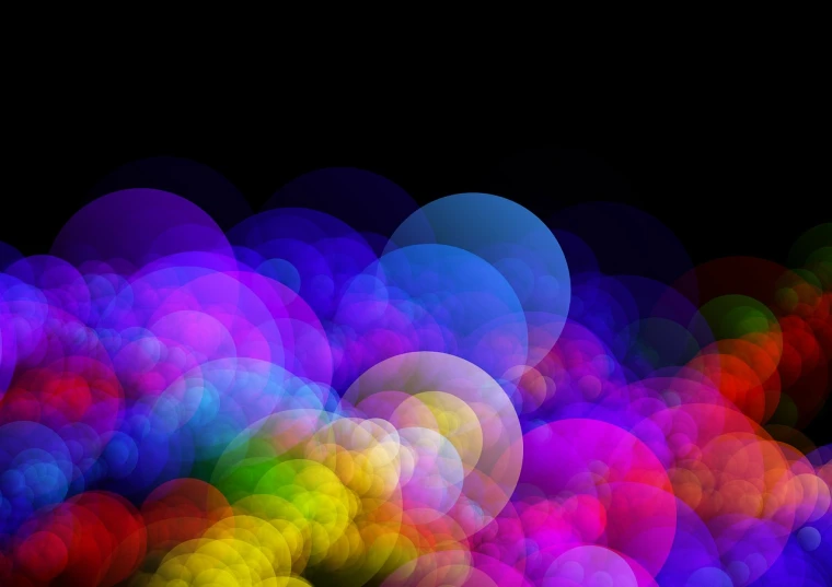 a bunch of colorful circles on a black background, a raytraced image, by Jan Rustem, ethereal rainbow bubbles, colorful clouds, bokeh photo