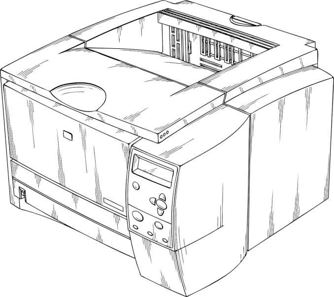 a black and white drawing of a printer, lineart, by Andrei Kolkoutine, polycount, computer art, dreamcast, coloured lineart, no - text no - logo, very detailed bd cover