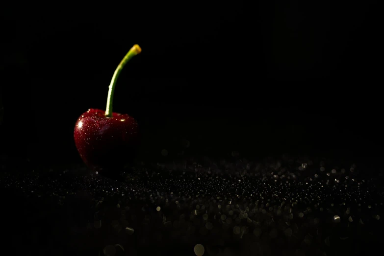 a close up of a cherry on a table, a macro photograph, by Adam Chmielowski, art photography, dark glowing rain, ultra hd wallpaper, render in blender, still life photo of a backdrop