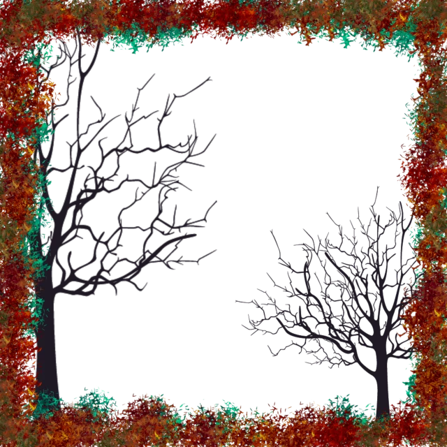 a picture of two trees in front of a black background, a digital rendering, inspired by Ralph Albert Blakelock, conceptual art, fractal frame, autumn! colors, bushes and leafs, red green black teal