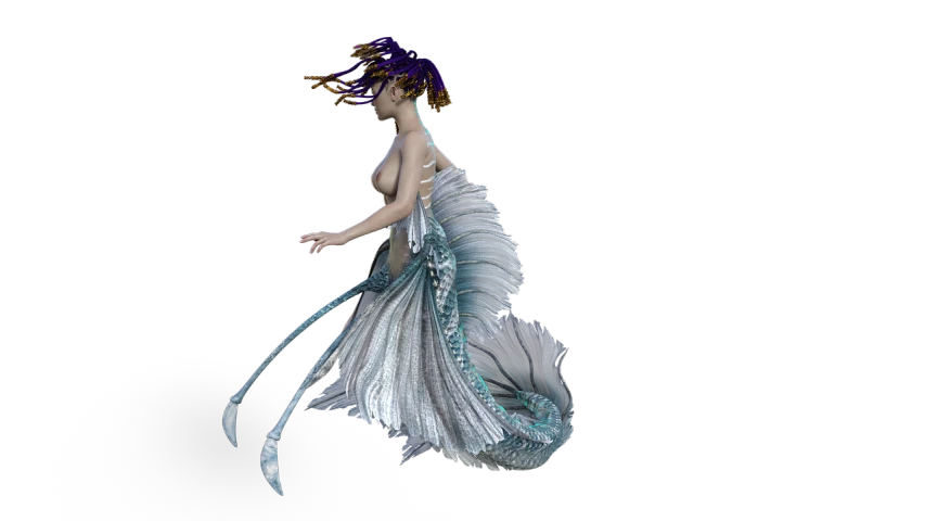 an image of a woman in a mermaid costume, a raytraced image, inspired by Harry Clarke, fantasy art, rendered 3d model, swirling silver fish, in game capture 3d render, side view intricate details