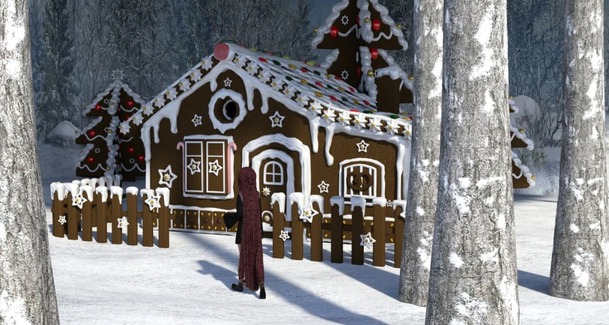 a person standing in the snow in front of a ginger house, a 3D render, inspired by Krzysztof Boguszewski, a maid in a magical forest, gingerbread people, rendered in rtx, santa