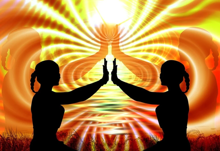 a couple of people that are standing in the grass, a digital rendering, symbolism, glowing holy aura, sukhasana, symmetrical hands, reflection