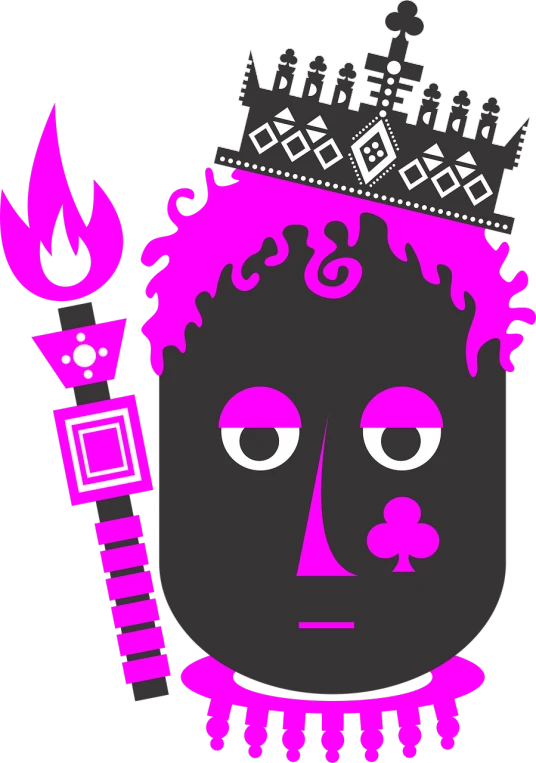 a drawing of a face with a crown on top of it, a character portrait, behance contest winner, funk art, purple and black color scheme, video game avatar, pink iconic character, richard iv the roman king photo