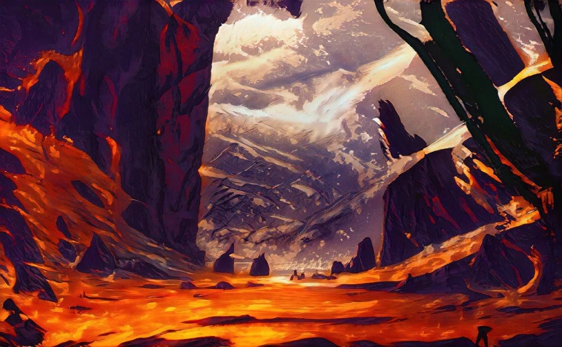 a painting of a volcano in the middle of a desert, inspired by Craig Mullins, fantasy art, jen bartel, icy road on a planet of lava, style of raymond swanland, canyon