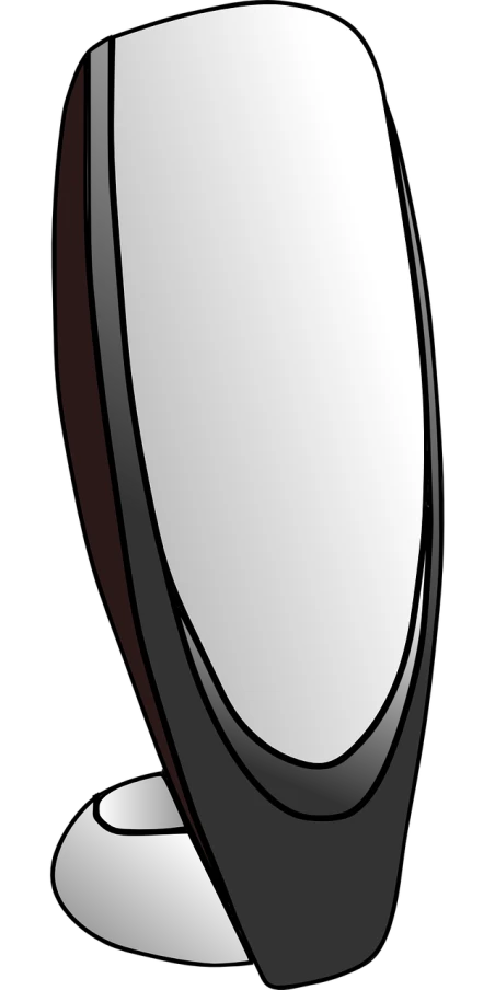 a computer monitor sitting on top of a table, a cartoon, pixabay, hurufiyya, mirror texture, oval shaped face, with a black background, looking into a mirror