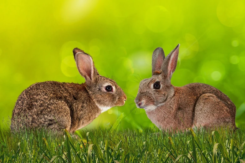 a couple of rabbits sitting on top of a lush green field, trending on pixabay, fantastic realism, avatar image, profile picture 1024px, close-up fight, warts