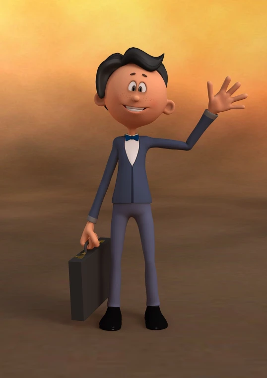 a cartoon character wearing a suit and holding a briefcase, cg society contest winner, digital art, untextured, waving and smiling, sundown, fully body photo