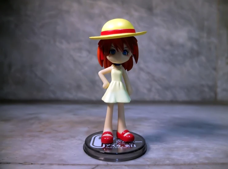 a close up of a figurine of a person wearing a hat, a picture, inspired by Eiichiro Oda, red hair girl, wide angle full body, full body photogenic shot, little girl