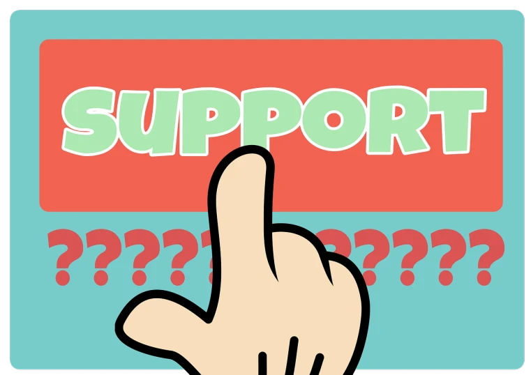 a hand pointing at a button with question marks on it, a cartoon, pixabay, computer art, support, with text, supportive, fans