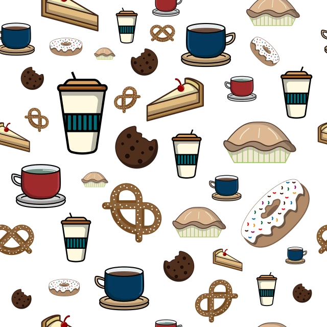 a variety of food and drinks on a black background, vector art, by Andrei Kolkoutine, minimalism, fantasy bakery, repeating fabric pattern, coffee cup, birthday