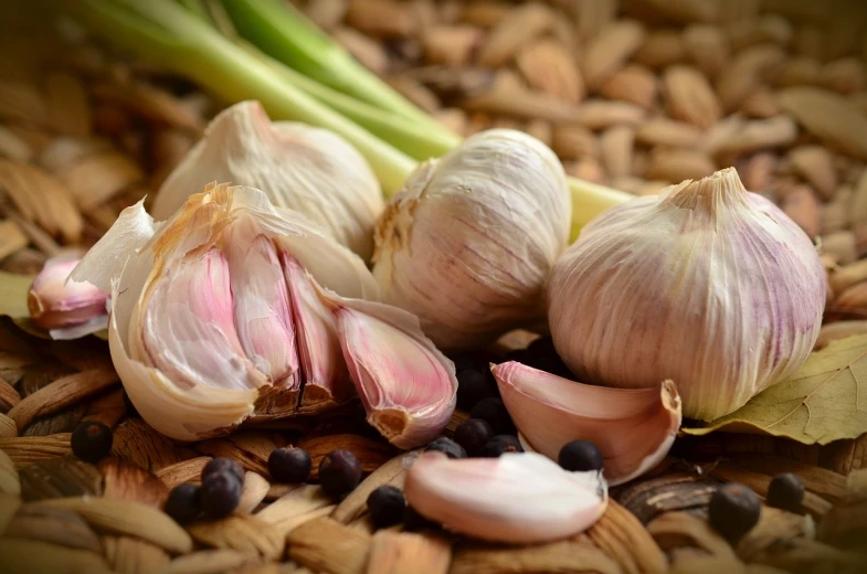 a bunch of garlic sitting on top of a pile of wood chips, a picture, by Tom Carapic, pixabay, renaissance, 1 6 x 1 6, recipe, avatar image, eating