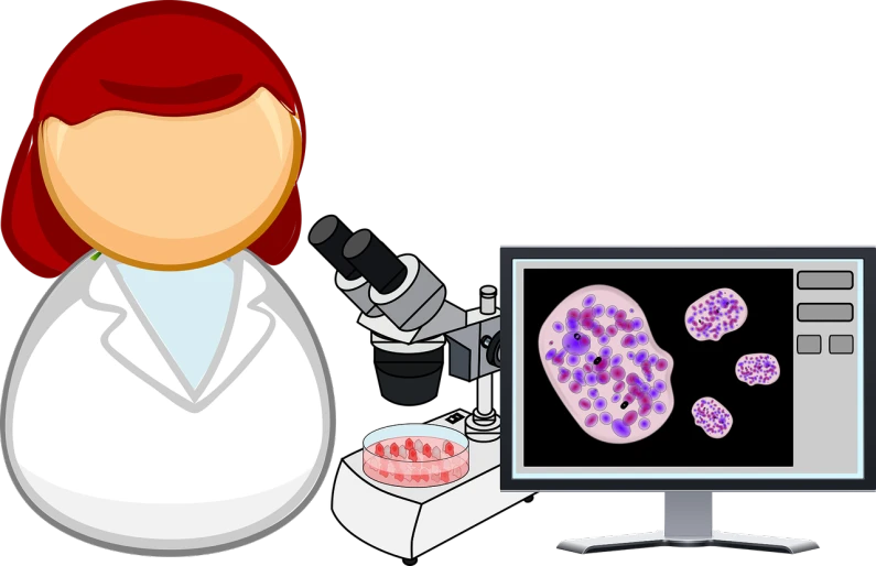 a woman in a lab coat looking at a microscope, a microscopic photo, by Alexander Fedosav, pixabay, analytical art, escherichia coli party, clip art, blood cells, pc screen image