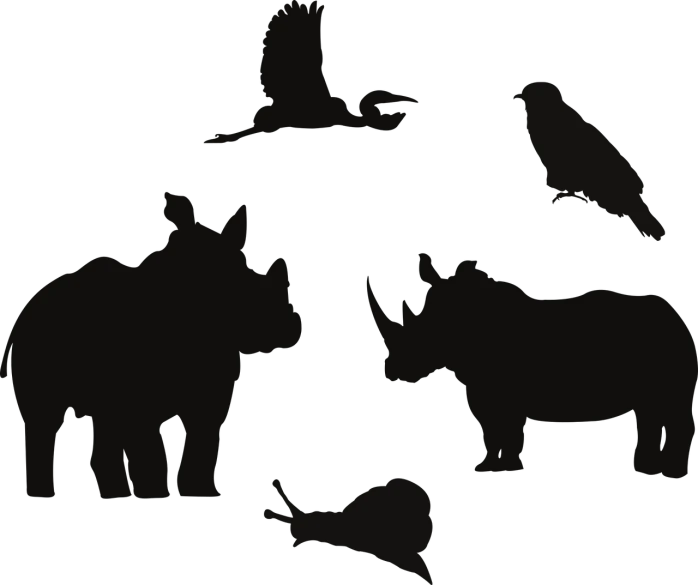 silhouettes of animals and birds against a black background, an illustration of, trending on pixabay, conceptual art, rhino, bushveld background, right - side composition, high res photo