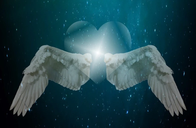 a couple of white wings sitting on top of a blue surface, digital art, trending on pixabay, romanticism, connected to heart machines, on a clear magnificent night sky, universe life significance, distant photo