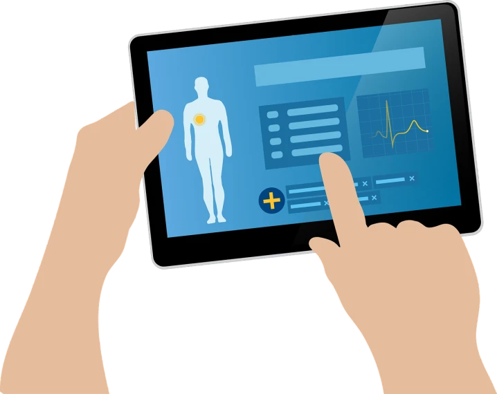 a person holding a tablet with a medical app on the screen, by Julian Allen, pixabay, digital art, on a flat color black background, top half of body, detailed information, stock photo